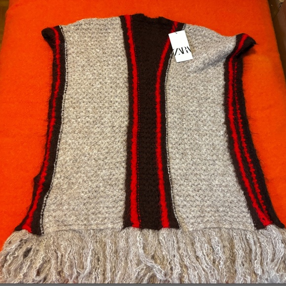 Zara cream, brown and red striped touch of wool poncho NWT - Picture 12 of 12